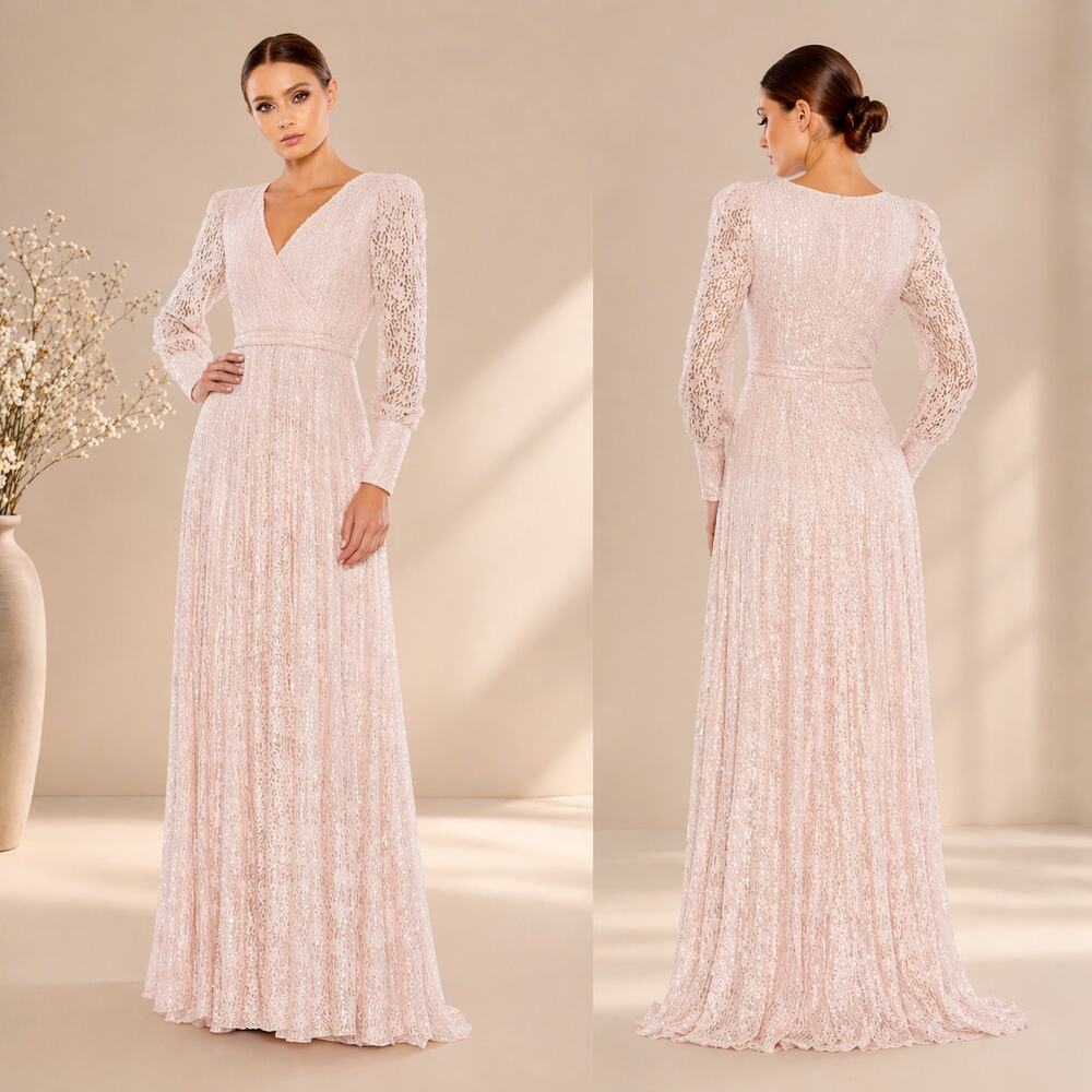 Mac Duggal 93679D Blush Light Rose Pink Beaded Lace Long Sleeve Wrap Gown 20